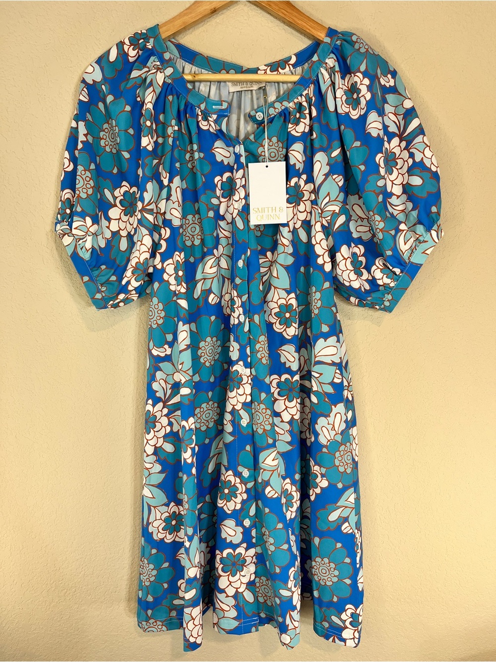 NWT Smith & Quinn Blue Floral Puff Sleeve Button Dress Retro Preppy Mod Sz M